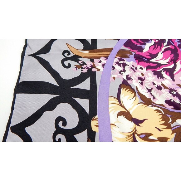 Hermes Scarf Heart Border Floral Print JEKBIR Lettering Grey Violet - Picture 8 of 16
